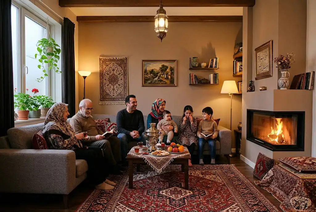 چیدمان فرش در پذیرایی مستطیل با تمرکز بر شومینه و تلویزیون